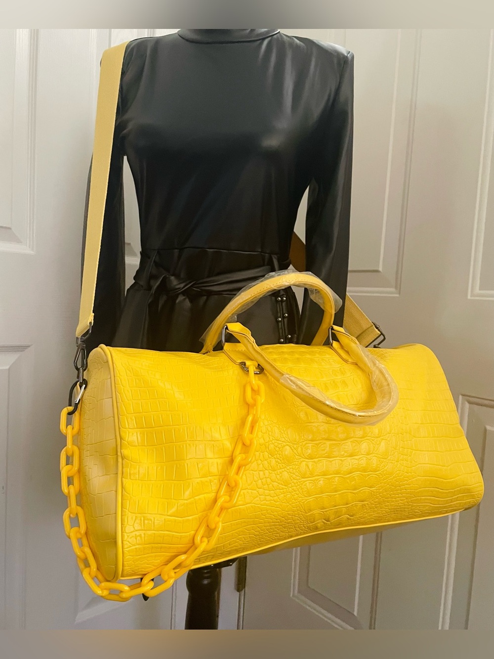 Vibrant Yellow Croc-Embossed Travel Duffel Bag